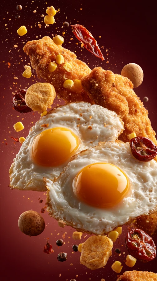 Imagen generada con IA: Huevos fritos e ingredientes suspendidos sobre fondo rojo