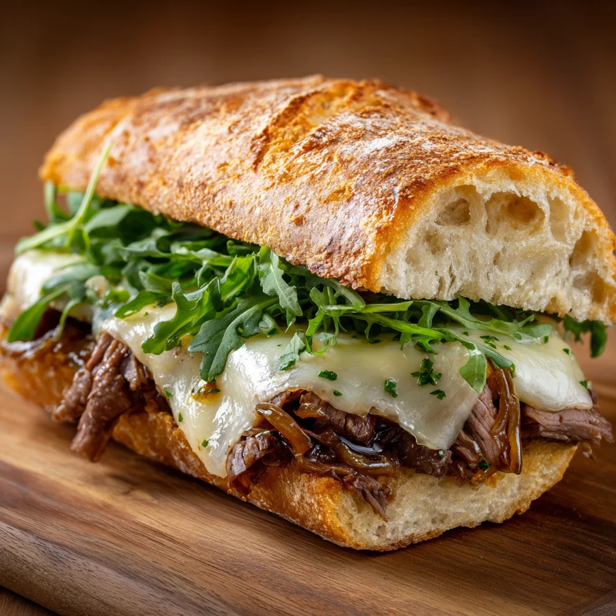 Imagen generada con IA: Bocadillo de carne, queso fundido y hojas verdes sobre madera
