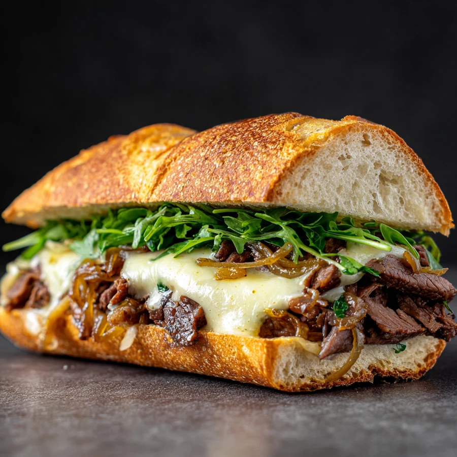 Imagen generada con IA: Bocadillo de carne y queso sobre fondo oscuro