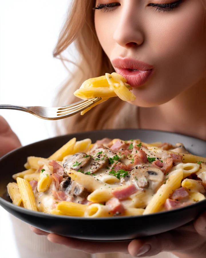 Imagen generada con IA: Primer plano de una mujer acercando un tenedor de pasta a la boca