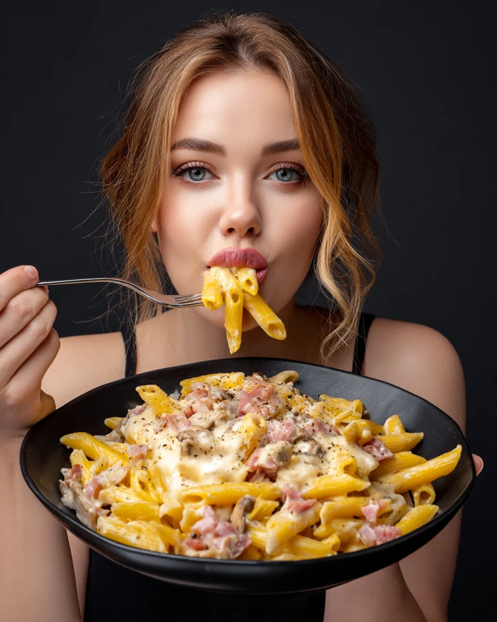 Imagen generada con IA: Mujer con un plato negro de pasta sobre fondo oscuro