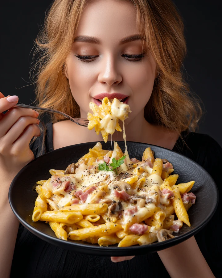 Imagen generada con IA: Mujer con un tenedor de pasta cremosa y un plato negro