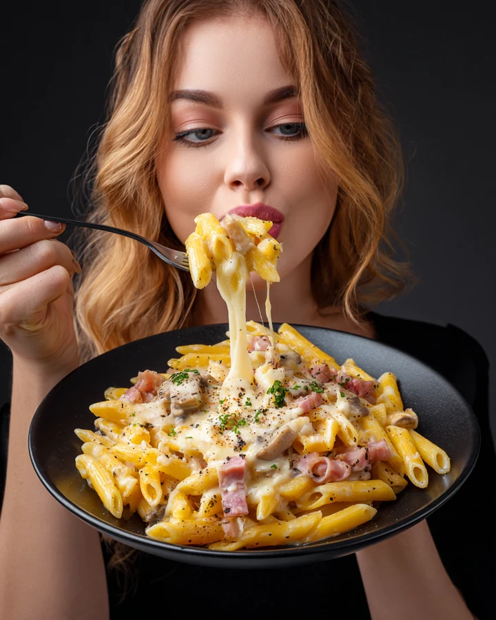 Imagen generada con IA: Queso fundido entre un tenedor de pasta y el plato