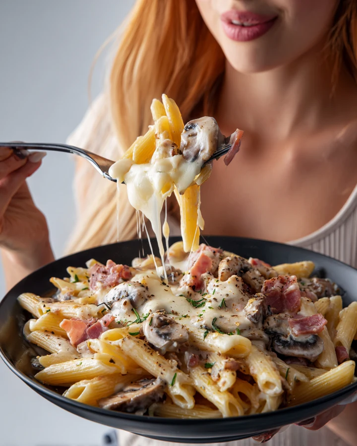 Imagen generada con IA: Detalle de pasta con champiñones y queso en un tenedor