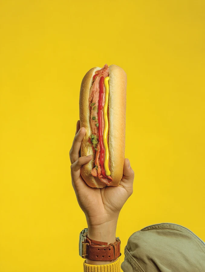 Imagen generada con IA: Mano sosteniendo un perrito caliente sobre fondo amarillo