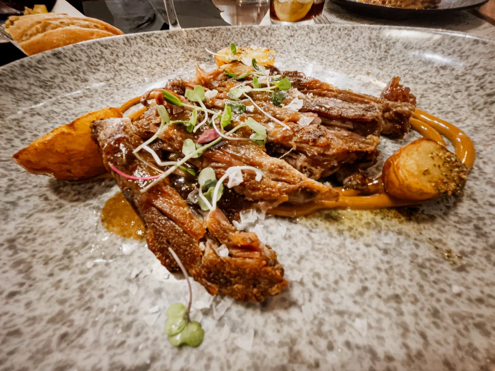 Carne con patatas, salsa y brotes en un plato de cerámica