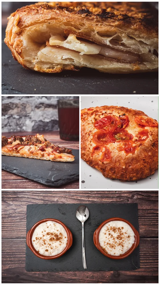 Collage de hojaldres salados, pizza y arroz con leche