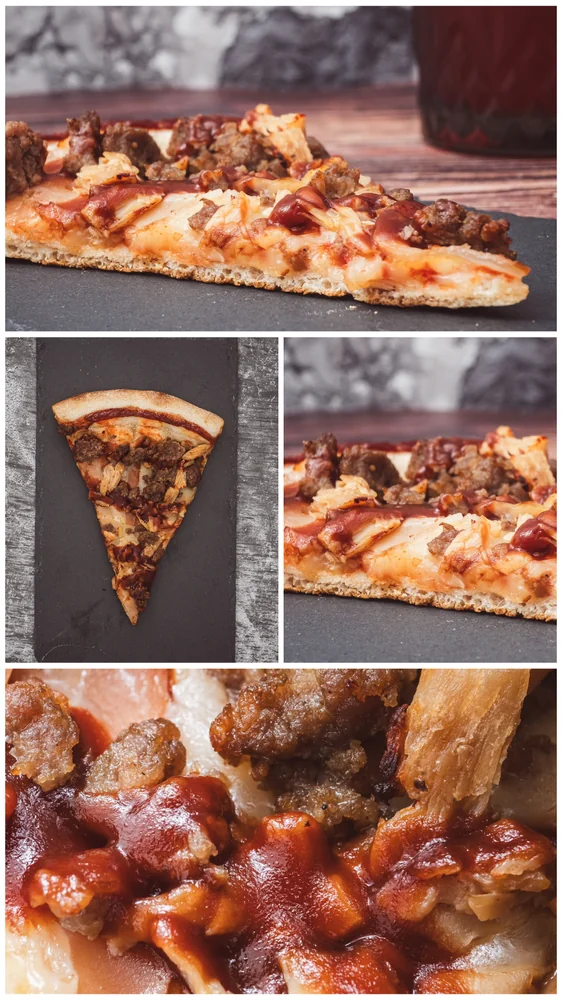 Collage de una porción de pizza vista desde distintos ángulos y en detalle