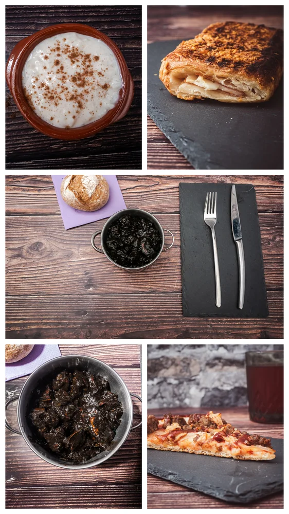 Collage de arroz con leche, hojaldre, guiso oscuro y pizza