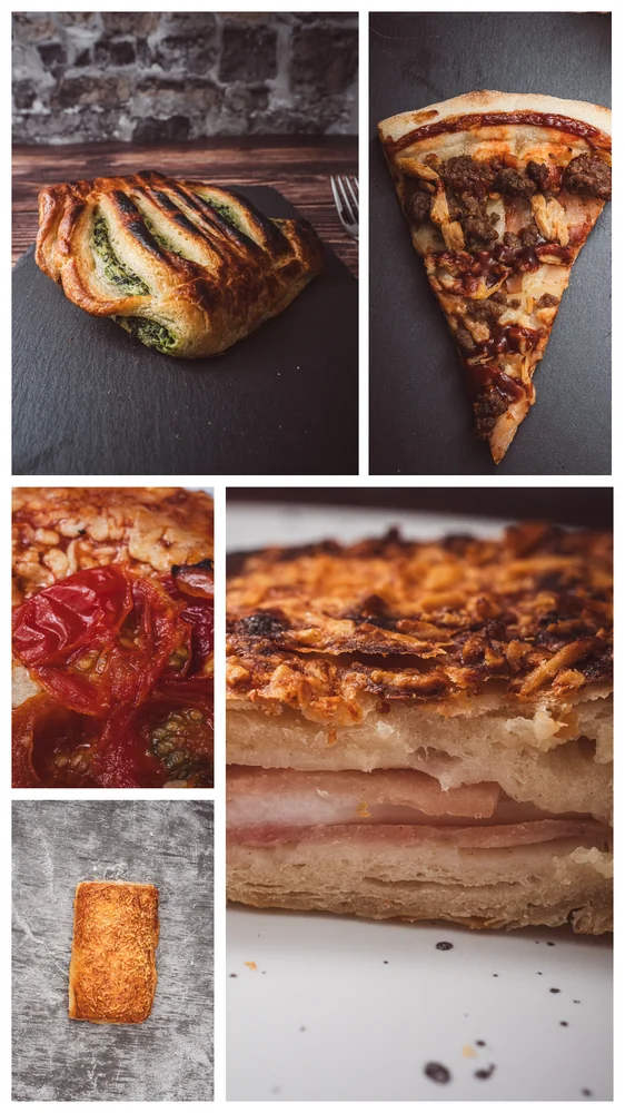 Collage de hojaldres rellenos, pizza y detalles de masas horneadas